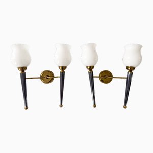 Two-Light Sconces in Gilded & Blue Toned Metal attributed to the House of Jansen, Set of 2