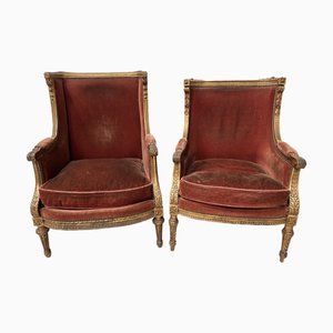 20. Jh. Louis XVI Ohrensessel aus Vergoldetem Holz, 2er Set