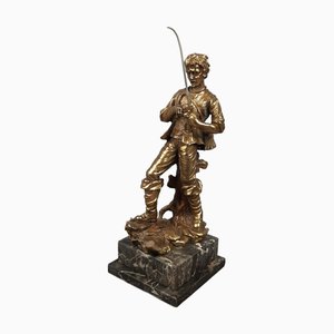 Fisherman Sculpture in Gilt Agglomerate on Marble Base, 1960s