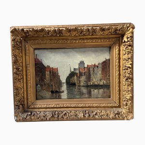 Frank Boggs, Vue de la ville néerlandaise de Dordrecht sur le canal, 19e siècle, huile sur toile, encadrée