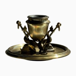 Large 19th-Century Brass Candlestick with Dolphin Motifs
