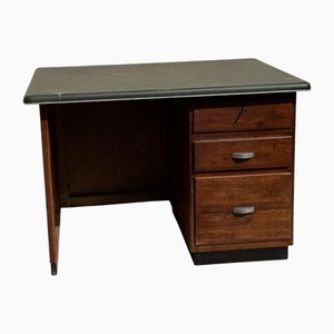 Modernist Desk in Wood and Green Moleskin Upholstery