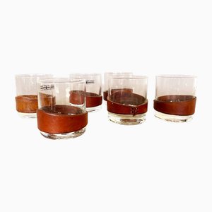 Bicchieri da whisky vintage in vetro con scomparto in pelle, anni '80, set di 6