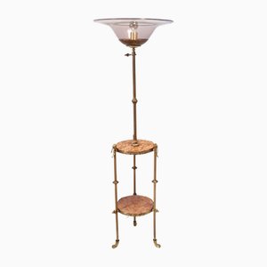 Lampada da terra vintage telescopica in ottone con ripiano in travertino rosso, anni '20
