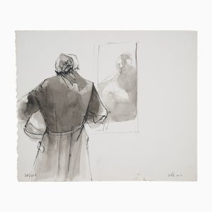 Ruth Schloss, Old Man in Front of a Mirror, 1990, Mixed Media Drawing on Paper