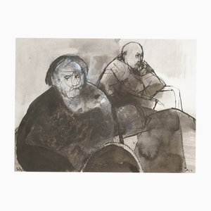 Ruth Schloss, Zwei sitzende alte Leute, 1990, Mixed Media Zeichnung auf Papier
