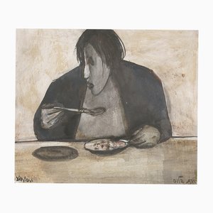 Ruth Schloss, Woman Eating, 1990, Mixed Media Drawing on Paper