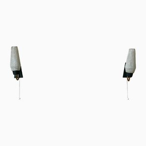 Mid-Century French Modernist Wall Sconces in Black and Gilt Metal and Printed Glass, 1950s, Set of 2