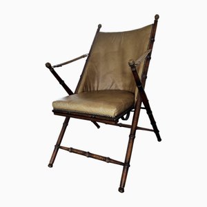 Vintage Faux Bamboo, Leather Campaign Folding Chair attributed to Maison Jansen, 1950s