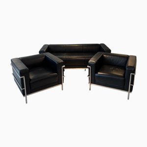 Set da salotto vintage in pelle cromata di Le Corbusier, set di 3