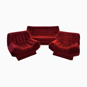 Britisches Rotes Samt Sofa Set, 1970, 3er Set