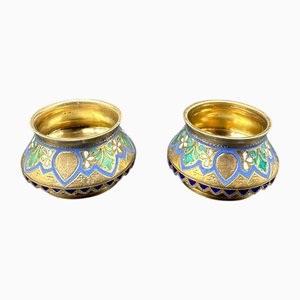 Russische Salzstreuer aus Cloisonné Champlevé & Vergoldetem Silber von Pavel Ovchinnikov, 2er Set