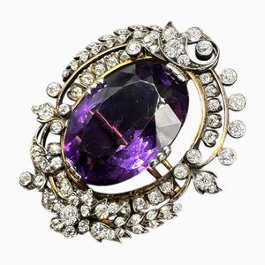 Viktorianische Goldbrosche mit Großem Amethyst und Diamanten, 1880