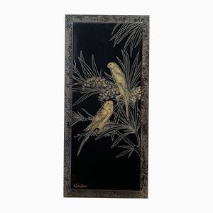 Gaston Suisse, Parakeets in the Mimosas, France, 1920s-1940s, Lacquered Panel