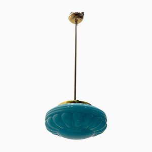 Lampe à Suspension Mid-Century en Verre Opalin Bleu avec Raccords en Laiton, 1970s