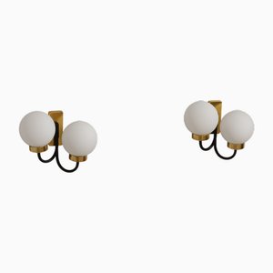 Applique a doppio globo in ottone e smalto nero, Italia, anni '50, set di 2