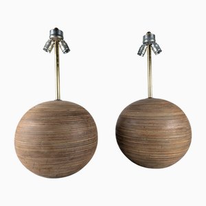 Large Sphere Lamps in Laminated Wood, 1960s, Set of 2