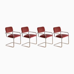 Chaises Cantilever Bauhaus en Chrome et Mohair, Italie, Set de 4