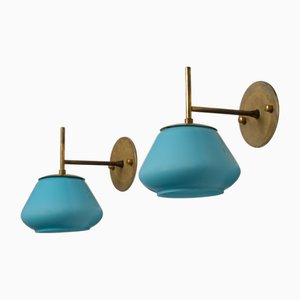 Italian Wall Sconces in Brass and Blue Opaline Glass, 1950s, Set of 2