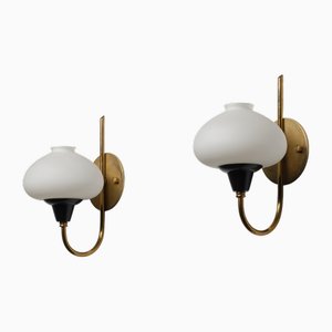 Vintage Italian Brass Wall Sconces with Opaline Glass Shades, 1950s, Set of 2