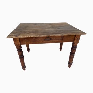 Wabi Sabi Country Rustic Table with Drawer in Pine Wood, 1900