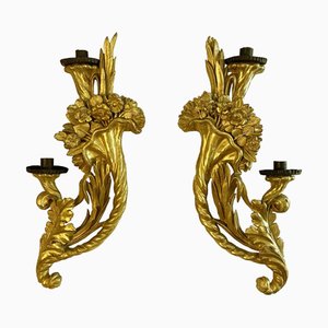 Appliques Gilded Wood and Floral Carving Cornucopias, 1700s, Set of 2