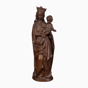 Virgen con el niño vintage estilo neogótico de resina con efecto madera patinada, años 80