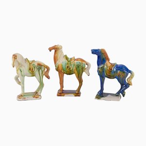 Three Chinese Tang Horses in Earthenware, 1930s, Set of 3