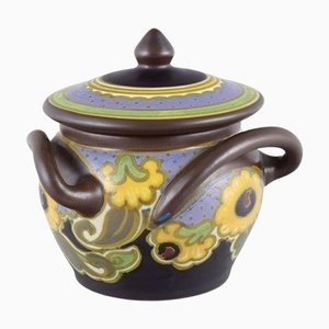 Crafted Lidded Jar with Three Handles from Gouda, Netherlands, 1930s