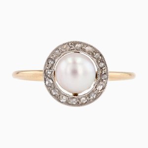 Anillo redondo de oro amarillo con perlas cultivadas francesas, años 20