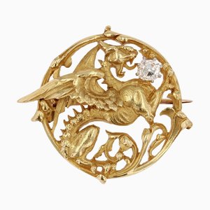 19th Century French Diamond 18 Karat Yellow Gold Chimera Brooch