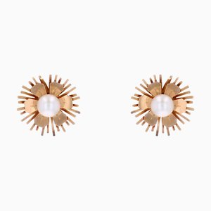 French Cultured Pearl 18 Karat Rose Gold Flower Stud Earrings, 1960s, Set of 2