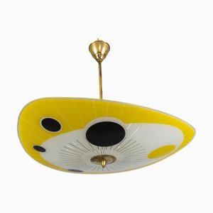 Mid-Century Modern Hängelampe aus Glas & Messing in Gelb, Schwarz & Weiß, 1950er