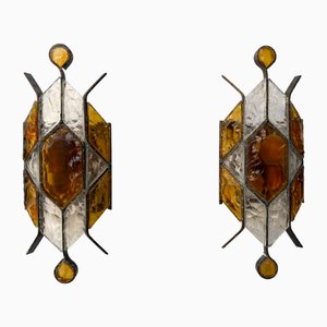 Italian Hammered Glass and Wrought Iron Sconces from Longobard, 1970s, Set of 2
