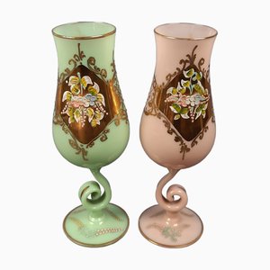 Him & Her Kelche aus Vergoldetem Rosa & Grünem Muranoglas mit Blumenrelief, 1970er, 2er Set