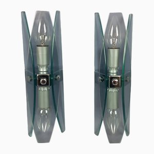 Apliques modernos de cristal y metal cromado de Fontana Arte, años 70. Juego de 2