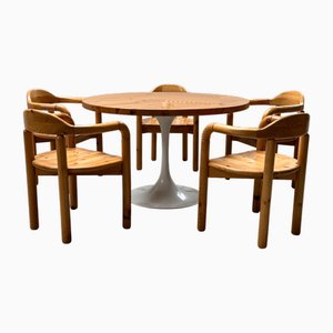 Sedie da pranzo vintage e tavolo da pranzo Tulip in pino e alluminio di Rainer Daumiller, anni '70, set di 5