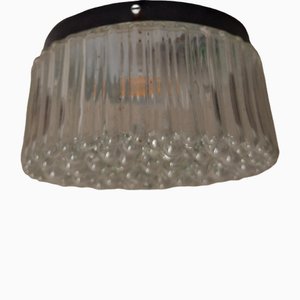 Plafonnier Plat en Métal Noir avec Abat-Jour en Verre Relief Clair par Heinrich Popp, Allemagne, 1970s