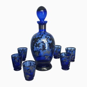 Cobalt Blue Liqueur Decanter in Silver Plating with Cups, Set of 7
