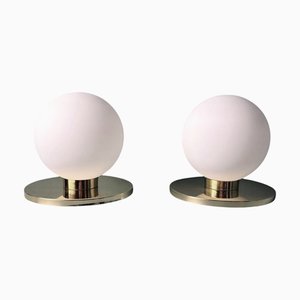 Lampes de Bureau Vintage avec Socles en Laiton et Sphères en Verre Opalin, 1980s, Set de 2
