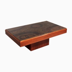 Brutalist Coffee Table with Copper Top and Wooden Base, 1970