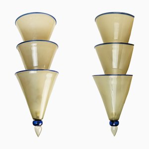 Lámparas de pared Paglierino grandes de cristal de Murano azul de Napoleone Martinuzzi para Venini, años 30. Juego de 2