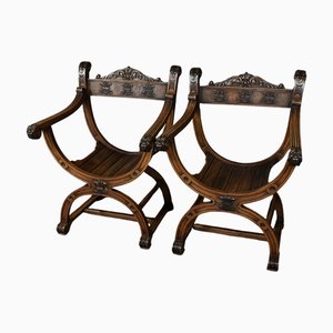 Medieval Style Walnut Dagobert Armchairs, Late 19th Century, Set of 2