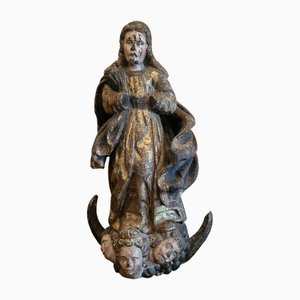 Figurine Religieuse Antique en Bois Sculpté Polychrome, 1700