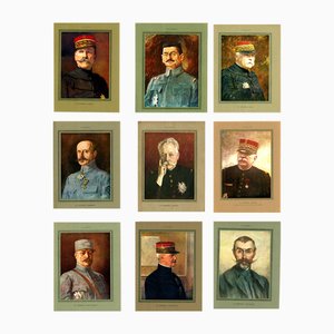 Famosi generali francesi della prima guerra mondiale, 1918, litografie, set di 9