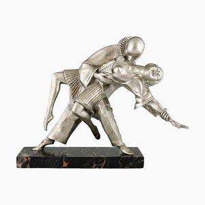 Thomas Cartier, Art Deco Sculpture of Cubist Dancers Pierrot and Colombine, 1930s, Bronze on Marble Base