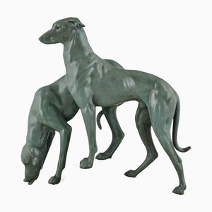 Jules Edmond Masson for Max Le Verrier, Art Deco Sculpture of Two Greyhounds, 1930, Metal with Stone Base