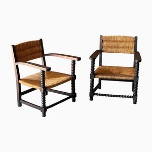 Oak and Woven Reed Armchairs in the style of Charles Dudouyt, France, 1940s, Set of 2