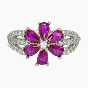 925 Sterling Silver Flower Ring with Ruby ​​Root and Zircons, Italy, 21st Century