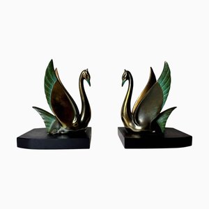 French Art Deco Brass and Nero Marquina Marble Bookends, 1930s, Set of 2